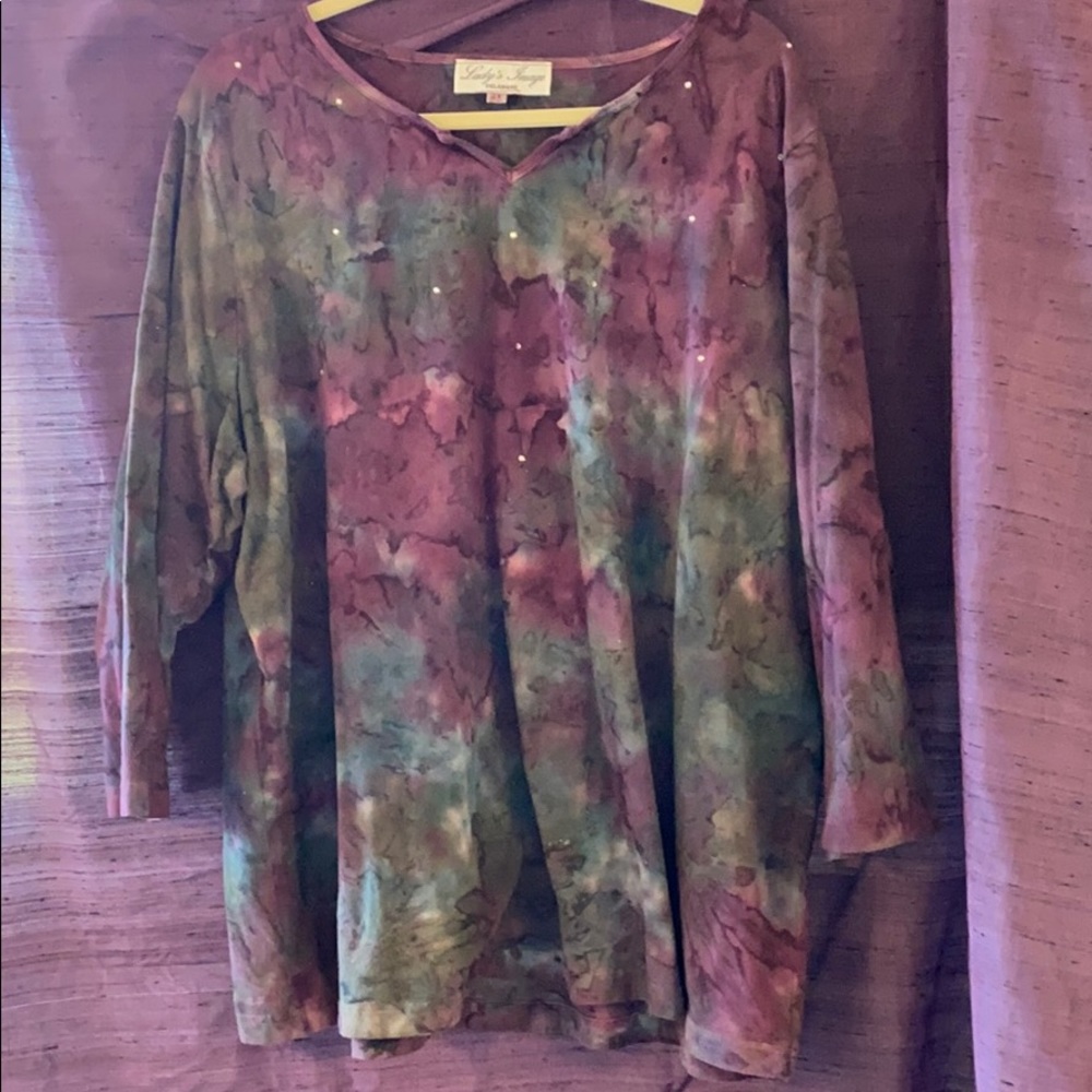 Split Neck Tie-Dyed Pattern Tunic W/ Rhinestones - image 1